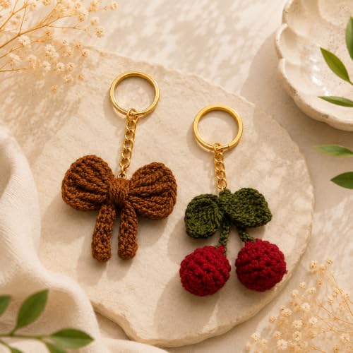 Image of Handmade Crochet Keychain for Women & Girls, Cute Yarn Key Ring, Bag Charm, Car Key Holder & Gift, Aesthetic Handmade Floral Accessory