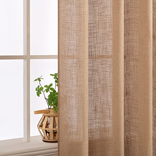 MIULEE Light Brown Short Linen Curtains 45 Inch Length 2 Panels for Kitchen Bedroom Bathroom, Soft Thick Linen Textured Basement Window Drapes Semi Sheer Light Filtering Back Tab Burlap Look Decor