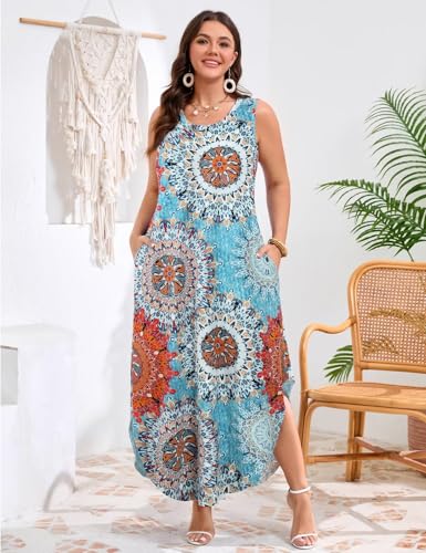 Image of JollieLovin Women Plus Size Summer Tank Maxi Dresses Sleeveless Causal V Neck Beach Long Dresses Swim Cover up (L-5X)