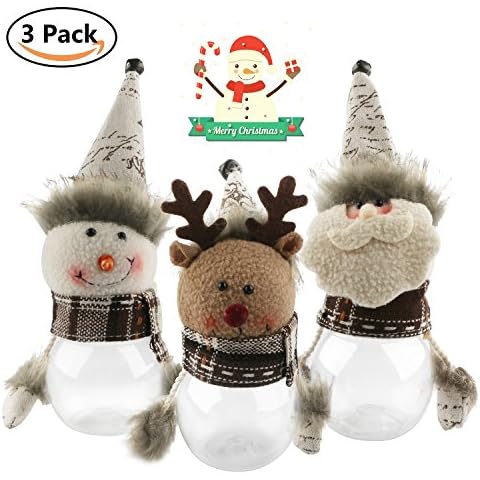 Christmas Candy Jar Set of 3, Santa Claus Snowman Elk Clear Plastic Xmas Candy Container Cute Christmas New Year Decoration Cover