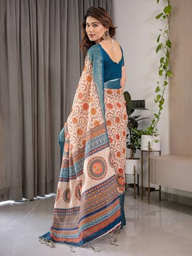 Image of ALMAARI FASHION Handloom Cotton Saree, Cream with Royal Blue Border, Floral Print, Silver Zari Work, 5.5 Metres