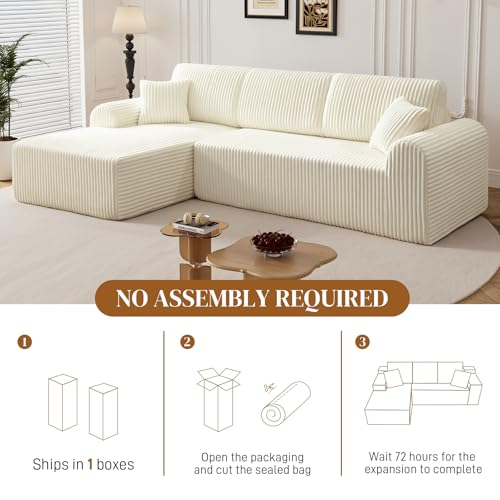 Image of 110 inch L Shaped Boneless Sectional Couches for Living Room, Comfy Corduroy Floor Cloud Sofa with Chaise, Wide Armrest, Deep Seat, Memory Foam, Assembly Free, Ideal for Small Spaces, Beige