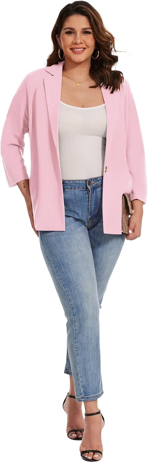 Womens Plus Size Blazer Jacket Business Casual 3/4 Ruched Sleeve Button Open Front Notch Lapel Blazers Pocket