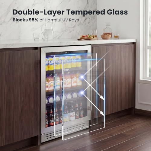 Image of Yeego 24-Inch Beverage Refrigerator, Built-In or Freestanding Beverage Cooler, Up to 180 Cans, Glass Door Mini Fridge for Soda, Beer, Water & Wine (Left-Hinged)