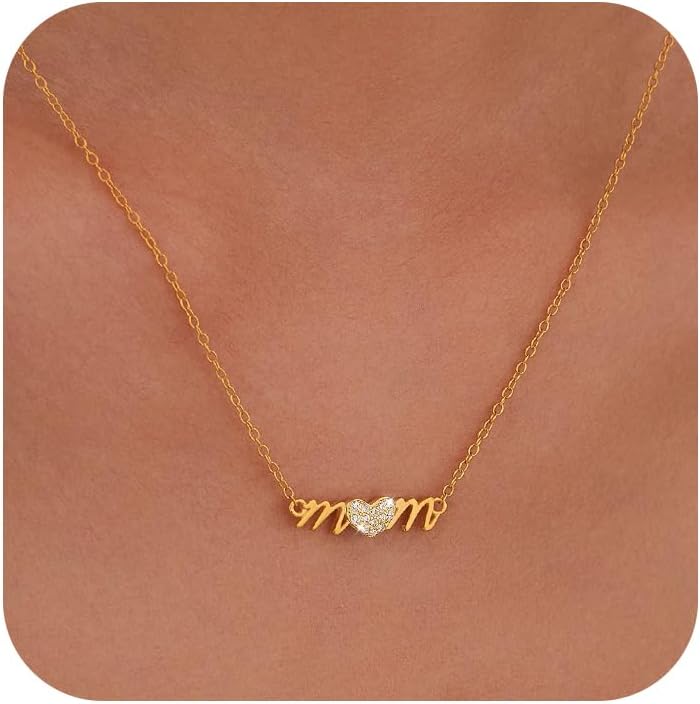 925 Sterling Silver Mom Necklace for Women Dainty 14K Gold Plated Heart Cubic Zirconia Pendant Necklace MaMa Choker Necklace Jewelry Birthday Mothers Day Gifts