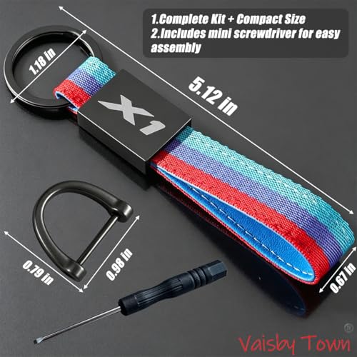 Image of Automotive Keychain compatible with BMW X1 Key Fob | Zinc Alloy Circle & D-Ring,Tricolour Nylon Strap with inchX1 inch Engraved Buckle Clip,Sporty Luxury style