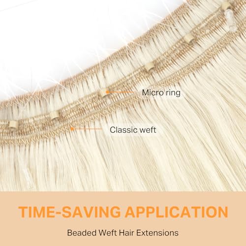 Image of DOORES Micro Beaded Weft Hair Extensions, 20 Inch Platinum Blonde 100g, Human Hair Invisible Sew in Weft Extensions for Women