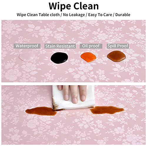 Image of Romanstile Waterproof Vinyl Tablecloth Round, 60 x 60 Inch, Rose Pink | Flannel Backing Wipeable Table Cloth, Heavy Duty Plastic PU Table Cover for Kitchen Dining, Indoor & Outdoor Use