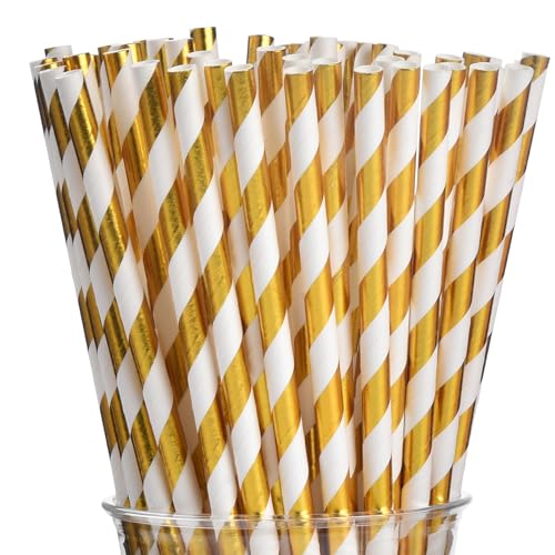 ALINK 100 White and Gold Striped Paper Straws...
