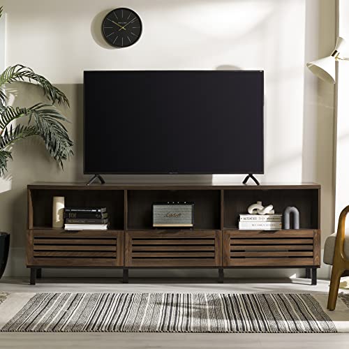 Walker Edison Modern Slatted Wood Tv Stand For Tv's Up To 80" Universal Tv Stand For Flat Screen Living Room Storage Cabinets And Shelves Entertainment Center, 70 Inch, Dark Walnut #TOP1