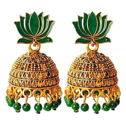 Image of OnlyKing Traditional Lotus Meenakari Jhumka Earrings for Women & Girls | Gold Color Oxidised Ethnic Floral Jhumki | Temple South Indian Style Ear rings Set | Stylish Trending Big Colorful Jhumkas (Available in 12 Colors)