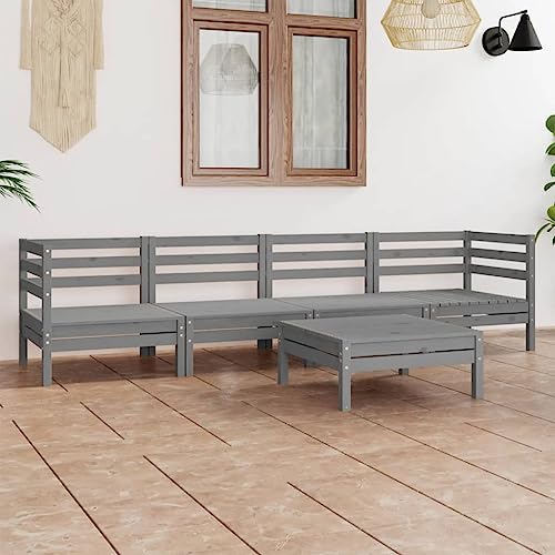 5 Piece Garden Lounge Set, Grey Solid Pinewood Outdoor Sectional, Patio Couch Furniture for Backyard, Modular Design, Weather Resistant