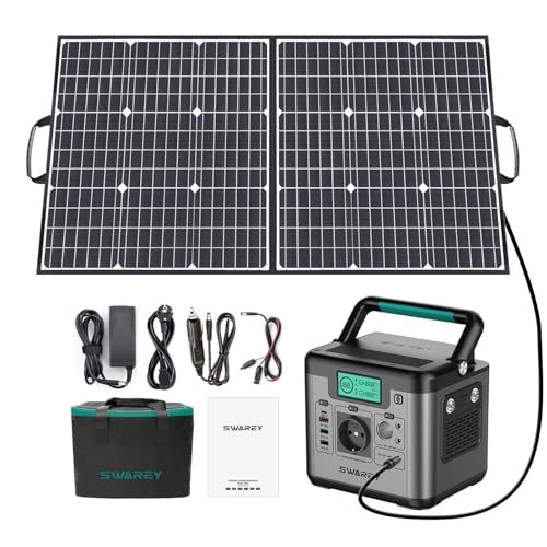 SWAREY Générateur Electrique Portable 518Wh avec Panneau solaire pliable en 2 sections, Batterie Externe 220V Sortir AC/USB/Type-C/QC 3.0