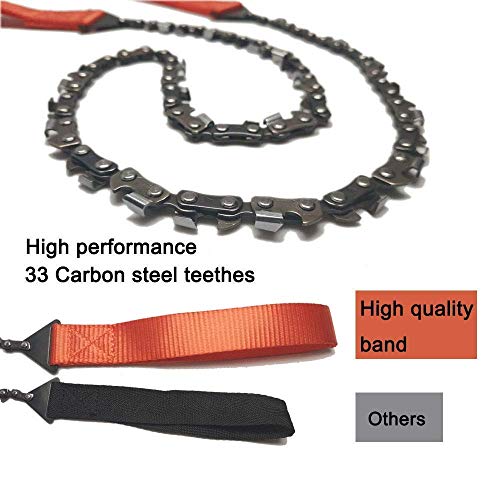 YOKEPO Survival Pocket Chainsaw Folding Hand Saw Chain 33 Serrated 3x faster 24 inch Hand Saw with Orange Straps Camping saw for Wood cutting Hiking Survival Bracelet Whistle Wristband and Firestarter