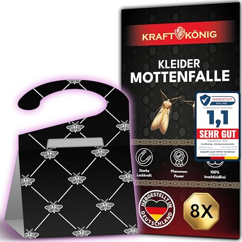 KRAFTKÖNIG Premium Mottenfalle Kleidermotten - 8X Kleidermottenfalle mit Langzeitwirkung - Auch für Kleiderstangen geeignet - geruchlose Kleider Mottenfalle gegen Kleidermotten - Made in Germany