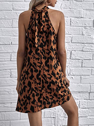 Romwe Women's Print Sleeveless Halter Neck A Line Swing Casual Sundress Beachwear Coffee Brown Xl #TOP1