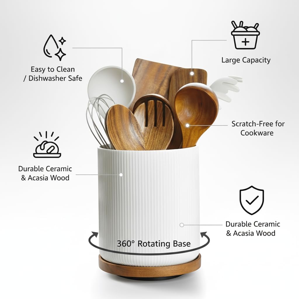 Utensil Holder, 360° Rotating Extra Large Ceramic Kitchen Utensil Holder for Countertop 7.3“ Cooking Utensil Crocks for Kitchen Counter with Rotatable Wooden Base, Farmhouse Decor, White