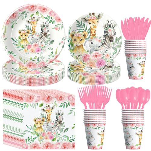 HIPVVILD Safari Baby Shower Decorations Tableware Girl - Jungle Theme Party Supplies, Paper Plate, Cup, Napkin, Disposable Cutlery, Wild Animal Birthday Baby Shower Party Decorations | Serve 24