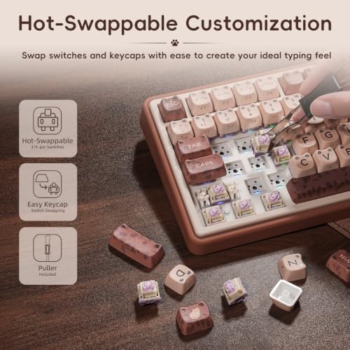 Image of ZORNHER UR82 Mechanical Keyboard,75% Wireless Creamy Gaming Keyboard with Cute Leopard Cat Kawaii Glowing Kitty Ear Mao Keycaps, Aesthetics Compact Brown Keyboard for Home Office,Coffee Brown