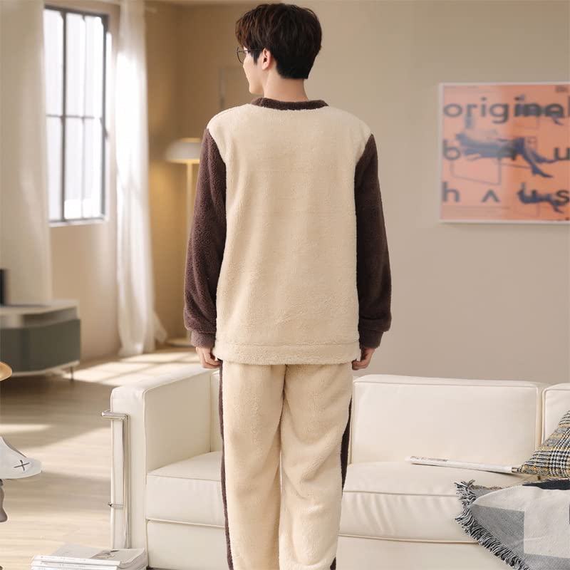 LUBOSE Pigiama da uomo in flanella Pigiama da uomo caldo e confortevole Pigiama invernale da uomo 2 pezzi (L, Beige)