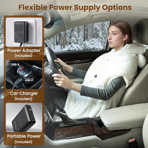 Image of Bearbug Cordless Heated Blanket 50 inch x 70 inch, Portable Wearable Heated Blanket Shawl Hoodie Battery Operated, Car Charger, Dc Adapter, 3 Heating Level, Machine Washable, Beige