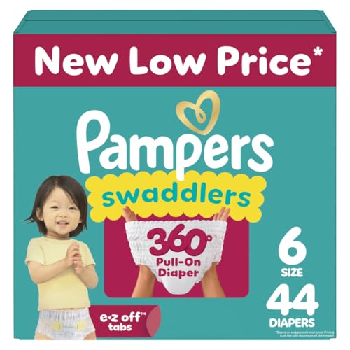 Pampers Diapers - Swaddlers 360° - Size 6, 44 Count, up to 100% Leakproof Comfy Dry Fit, Designed for Easy Changes, Pull On Baby Diaper (Packaging May Vary)