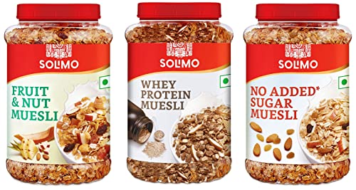 Image of Amazon Brand Solimo - Muesli with Whey 1kg & No Sugar Muesli 1kg & Fruit and Nut Muesli 1kg