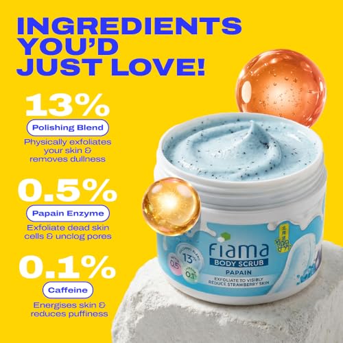 Image of Fiama Strawberry Skin Exfoliating Body Scrub 200g, 0.5% Papain Enzyme + 0.1% Caffeine, Chemical + Physical Exfoliation, 13% Polishing Blend, Reduces Keratosis Pilaris, Refreshing Aqua Fragrance