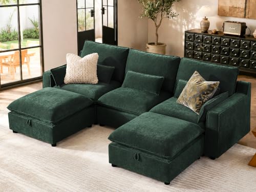 Image of WorthFurni Modern Modular Sectional Sofa,103 inch U Shape Minimalist Couch with Storage Ottoman,Comfty 4 Seat Sofa for Living Room,Green Chenille