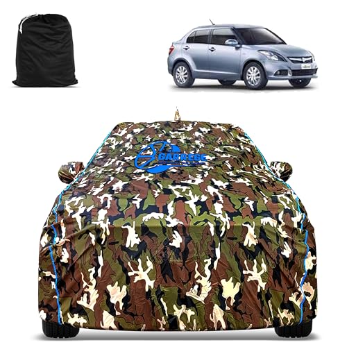 Image of Swift Dzire Car Body Cover Waterproof with Mirror and Antenna Pocket and Soft Cotton Lining (Full Bottom Elastic Triple Stitched) (Jungle Print with Blue Piping) Style