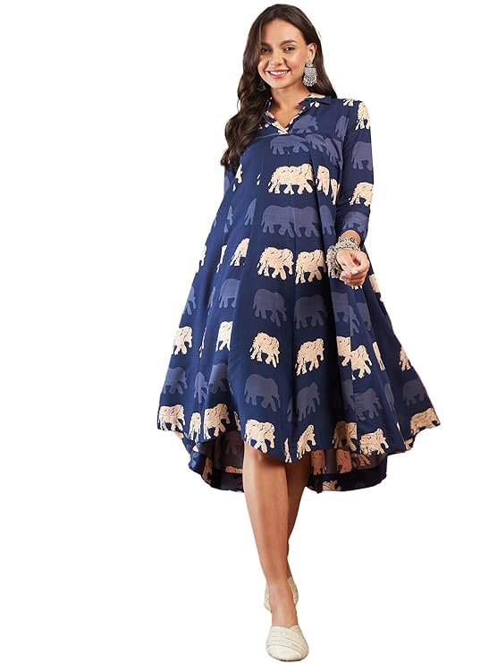 Women's Printed A-Line Flared Midi Dress with Mandarin Collar, Full Sleeves & High-Low Hem | Casual, Ethnic-picture-15