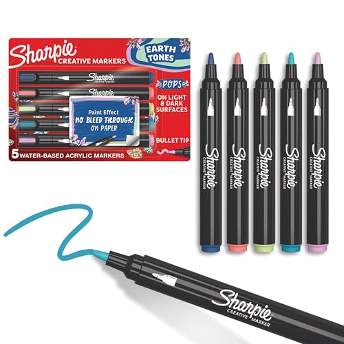 Image of Sharpie Creative Markers, Earth Tones, Glowing Tropics, Water-Based Acrylic, Bullet Tip, Assorted Colors, 5 Count - Arts & Crafts; Works on Paper, Metal, Wood, Ceramic, Glass, Rock, Canvas