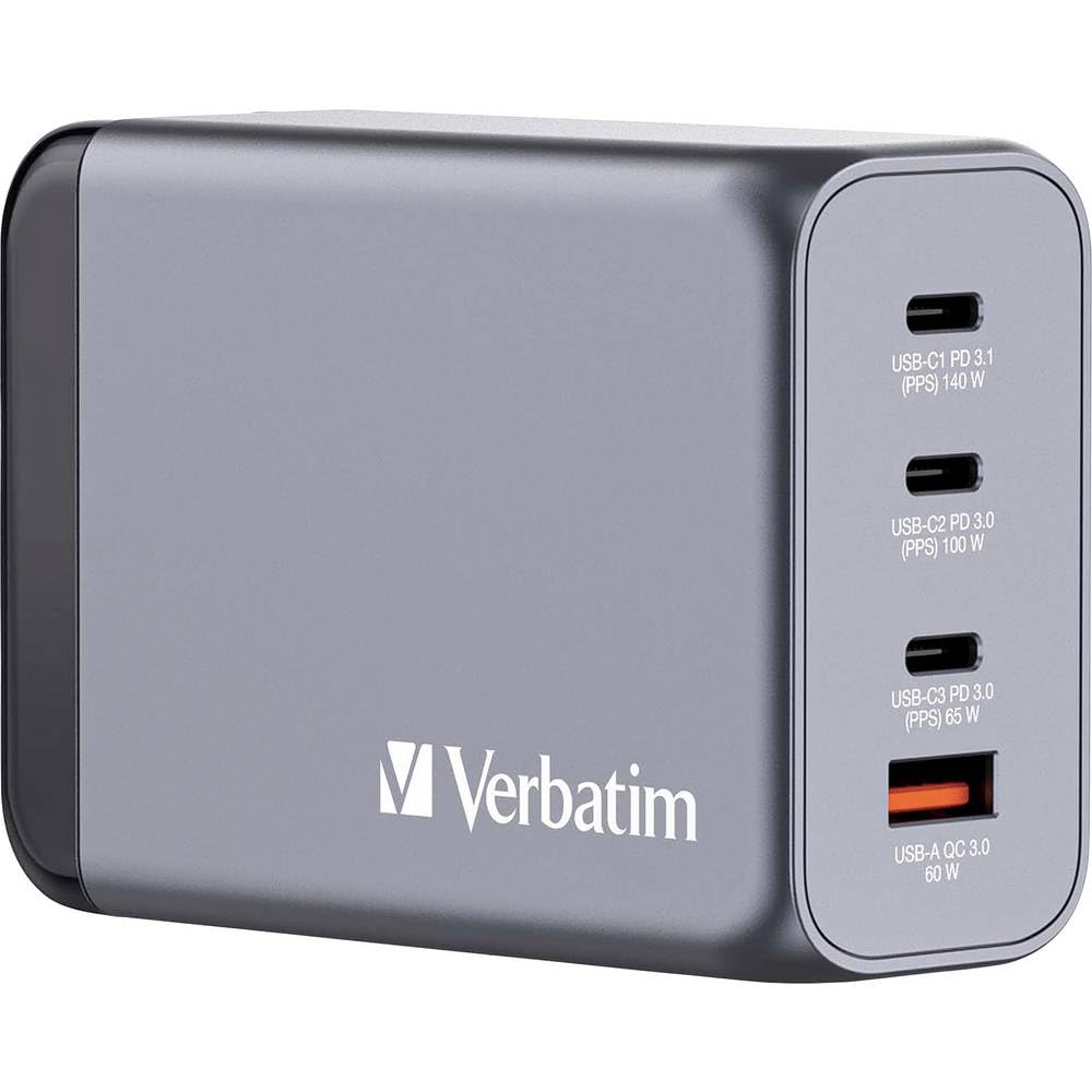 Verbatim GaN Charger ładowarka 240 W, 4 porty USB-C, adapter z 3 x USB-C i 1 x USB-A, szybka ładowarka jako wtyczka wielokrotna, do Apple MacBook, notebooka, iPada, iPhone'a, Samsunga i innych