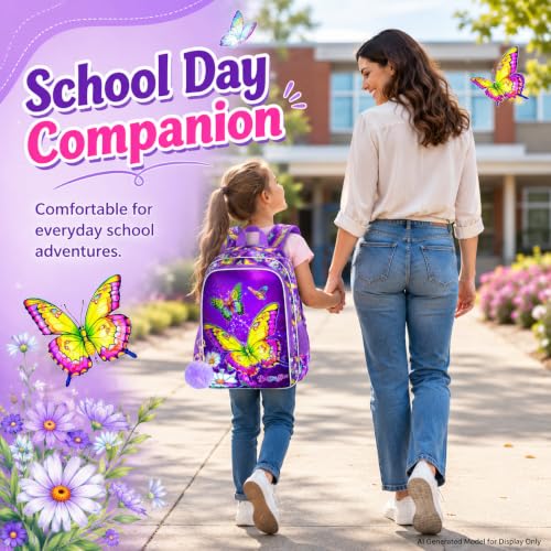 Image of 3Pcs Butterfly Backpack for Girls, 16 inch Kids Bookbag with Lunch Box，School Backpacks for Elementary Preschool Kindergarten (Purple)