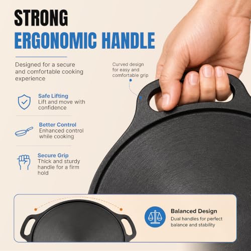 Image of DOCAT Cast Iron Dosa Tawa 30 cm | Pre-Seasoned Iron Tawa for Dosa, Roti, Chapati & Paratha | 8 mm Heavy Duty, Gas, Induction, Electric & OTG Friendly | 100% Pure & Toxin-Free, No Chemical Coating
