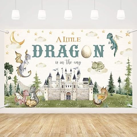 MEHOFOND Little Dragon Baby Shower Banner, Magical Dragon Theme A Little Dragon is On The Way Baby Shower Party Decorations for New Born Gender Reveal Party Decor Photo Props 5.9x3.6ft Cover
