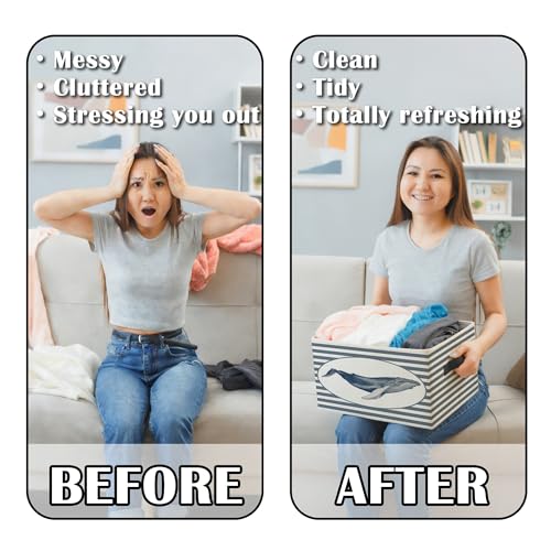 Image of Coastal Beach Whale Storage Bins Box with Handles, Blue Striped Beachy Ocean Whale Marine Biology Collapsible Basket Organizer for Bedroom Bathroom Books Clothes
