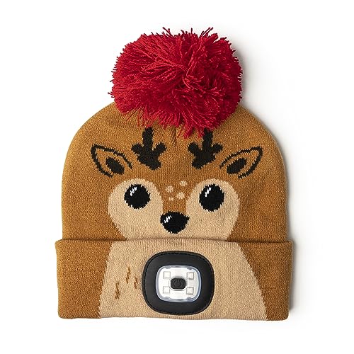 Kids LED Rechargeable Christmas Knit Beanie Head Lamp Hat for Boys and Girls - Reindeer