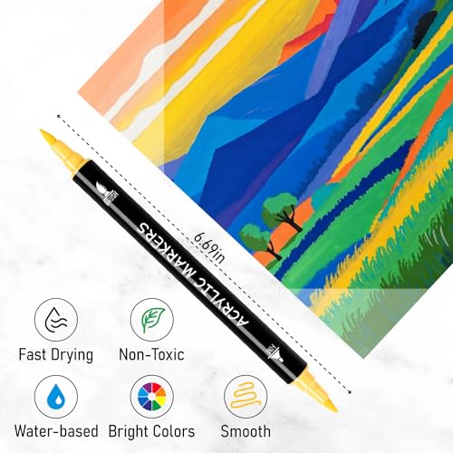 Image of Pagather 100 Colors Acrylic Paint Markers, Dual Tip with Fine Tip and Brush Tip Pens for Fabric, Stone, Wood, Canvas, Ceramic, Metal, Glass, Rock Painting, DIY Crafts Art Supplies Kit
