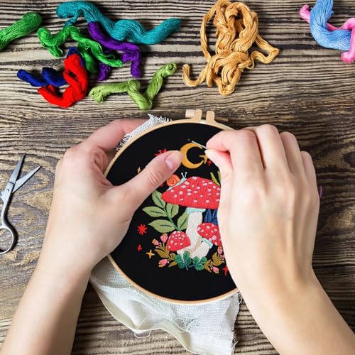 Image of Nuberlic Mushroom Embroidery Kits for Beginner Adults Cross Stitch Kit with Stamped Pattern Include Cloth Hoops Threads Needles