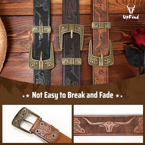 Western Leather Belts for Women Men Vintage Engraved Cowboy Cowgirl Belt with Antique Gold Pin Buckle for Jeans Dress3
