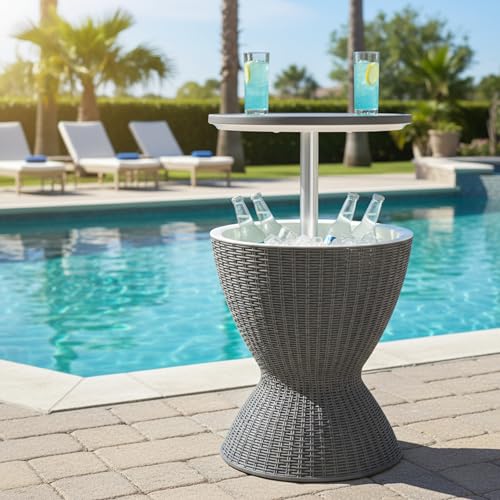 Image of Tangkula Outdoor Cooler Table, Multi-Functional Cooler Bar Table, Adjustable Height Ice Cooler Side Table w /Drain Plug, 8 Gallon Beer & Wine Cooler, Rattan Style Patio Furniture for Pool Parties