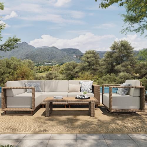 Image of HERA'S HOUSE Patio Sectional Furniture Set with Swivel Chairs, L Shape Modular Outdoor Conversation Set with 10 inch Thick Cushion, 5 Seats Yellow Rattan Wicker Sofa for Deck Yard Lawn