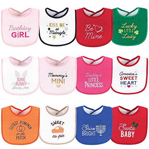 Image of Hudson Baby Unisex Baby Cotton Terry Drooler Bibs with Fiber Filling, Cute Girl Holiday Sayings, One Size
