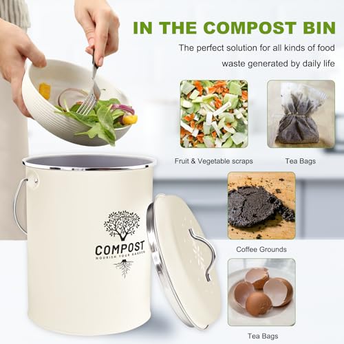 Image of Kitchen Countertop Compost Bin, Odor Resistant Indoor Compost Bin with Lid and Charcoal Filter, Rust Resistant Coated Compost Bucket, Compost Container, Cream