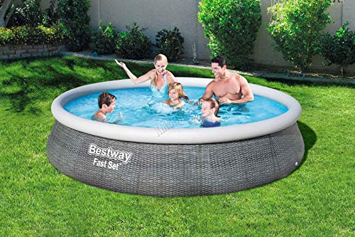 KMS BestWay 13' x 33' Family Garden Outdoor Swimming Pool Fast Set Round Above Ground Rattan Print With Filter Pump 57376 New