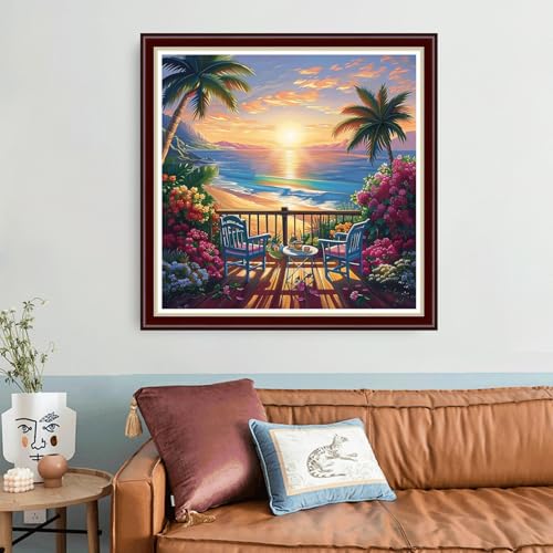 Image of Joyhoor Cross Stitch Kits for Beginners Stamped Cross-Stitch Supplies Needlework preprint Embroidery Kits for Adults DIY Needlepoint Kit Embroidery Patterns 11CT-Seaside Tea Scenery 18x18 inch