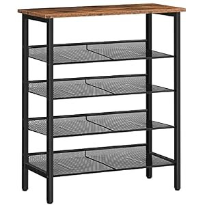 HOOBRO Schoenenrek, 5-laags schoenenkast, verstelbaar schoenenrek, schoen organisator, platte en kantelbaar, stal, voor gang, woonkamer, vintage bruin-zwart EBF106XJ01
