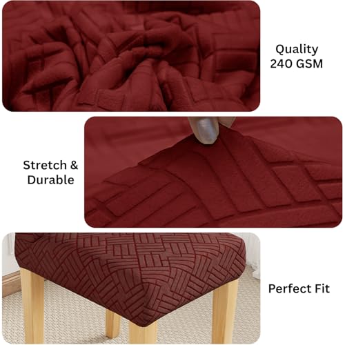 Image of Lukzer Elastic Dining Chair Cover - 2PC Pastel Deep Maroon Abstract | Textured High Stretch Jacquard Seat Cover | Removable Washable Short Dining Chair Cover Protector Seat Slipcover | (CC-172-02)