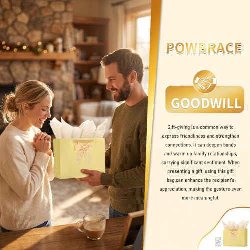 Image of Powbrace 13 inch Gold Bags with Handles, Birthday Gift Bag Set - 1 Gift Bag with Bow, 2 Tissues & Greeting Card for Men Women,Gift Bags Medium size(1 PCS Gold Glossy)